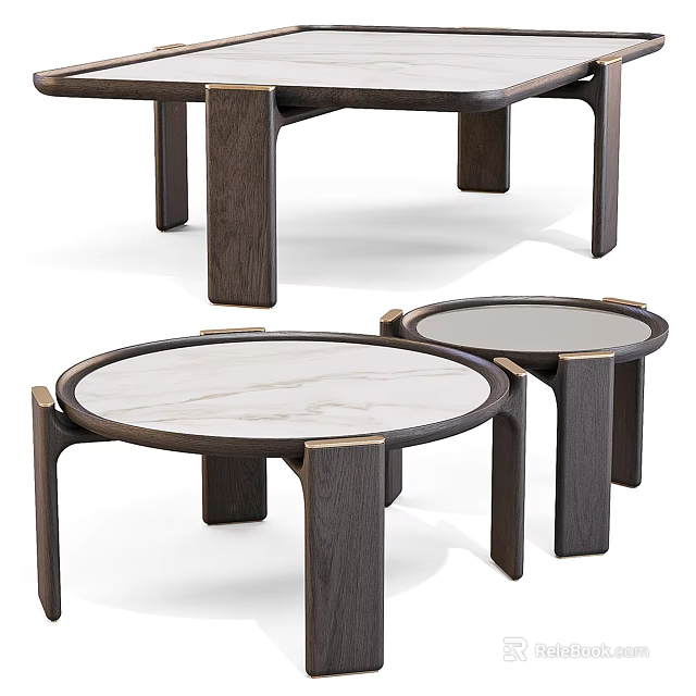 Modern Coffee Tables With Round Marble Top And Dark Wooden Legs Design 3d model 
