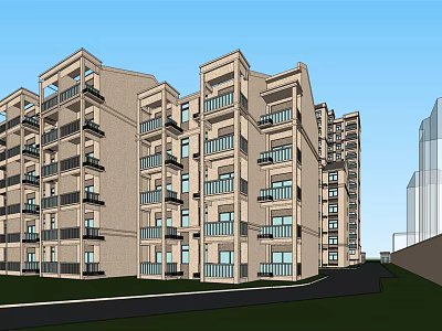 Modern Residential Building With Light Exterior Multiple Balconies Green Grass And Road 3d model
