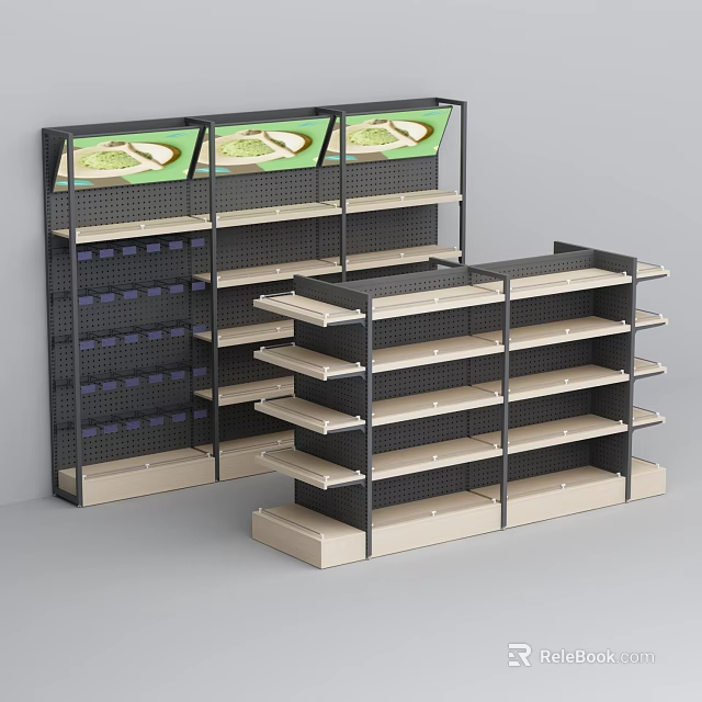 Retail Display Shelves With Grid Panels Multiple Layers Black Frames And Beige Shelves 3d model 