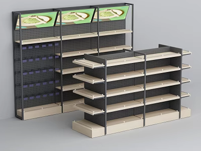 Retail Display Shelves With Grid Panels Multiple Layers Black Frames And Beige Shelves 3d model