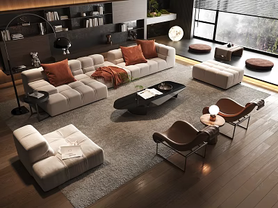 Modern Living Room Sofa And Coffee Table Set With Decorative Pillows Soft Rug And Armchairs 3d model