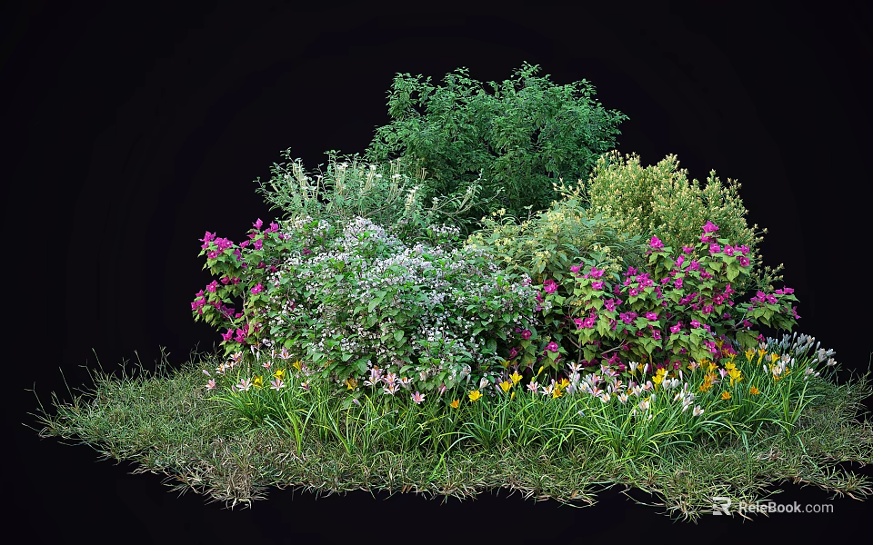 Lush Colorful Shrubs With Purple Pink Yellow And White Flowers In Green Grass 3d model 