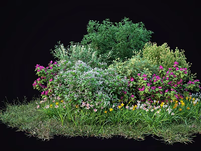 Lush Colorful Shrubs With Purple Pink Yellow And White Flowers In Green Grass 3d model