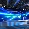 Modern Stage With Large Blue Illuminated Screen Circular Light Lines Podium White Seats And Audience