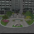 Serene Garden Landscape with Circular Design Pavilion Archway Flowers Trees Stone High Rise Buildings Background