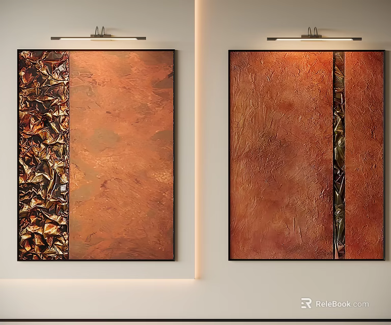 Modern Abstract Paintings With Brown Copper Tones And Metallic Textured Elements 3d model
