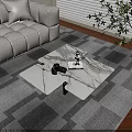 Modern Marble Coffee Table with Camera Books on Patterned Rug Near Sofa in Sunlight 3d model