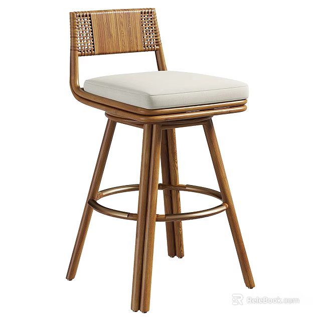 Modern Wooden Bar Stool With Woven Backrest White Cushion And Metal Ring Base 3d model 