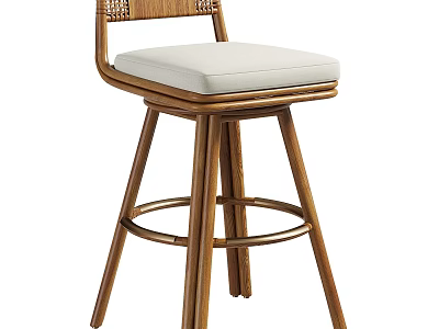 Modern Wooden Bar Stool With Woven Backrest White Cushion And Metal Ring Base 3d model