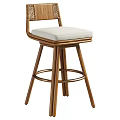 Modern Wooden Bar Stool With Woven Backrest White Cushion And Metal Ring Base