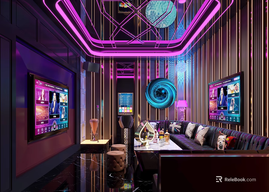 KTV Interior Design With Purple Blue Neon Lights And Modern Sofa Screens 3d model 