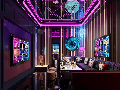 KTV Interior Design With Purple Blue Neon Lights And Modern Sofa Screens 3d model