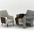 Modern Single Sofas in Light Gray Dark Brown and Checkered Patterns with Brown Blanket 3d model