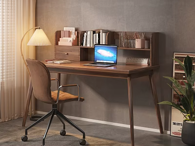 Wooden Desk With Beige Table Lamp Attached Bookshelf Laptop Brown Office Chair And Side Plant 3d model