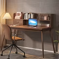 Wooden Desk With Beige Table Lamp Attached Bookshelf Laptop Brown Office Chair And Side Plant