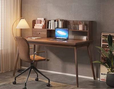 Wooden Desk With Beige Table Lamp Attached Bookshelf Laptop Brown Office Chair And Side Plant 3d model
