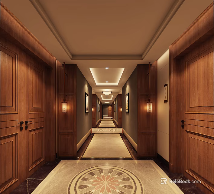 Elegant Wooden Elevator Hallway With Side Doors And Marble Flooring Ceiling Light Strips 3d model