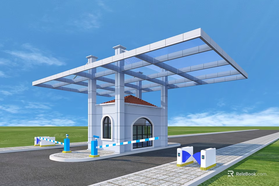 Modern Entrance Gate Featuring Glass Canopy White Steel Structure And Security Booth 3d model 