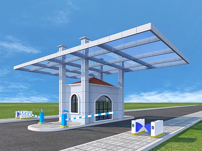 Modern Entrance Gate Featuring Glass Canopy White Steel Structure And Security Booth 3d model