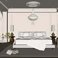 Elegant Modern Bedroom Interior With Decorative Walls Chandelier Bedside Lamps Rug Greenery Window And Armchair