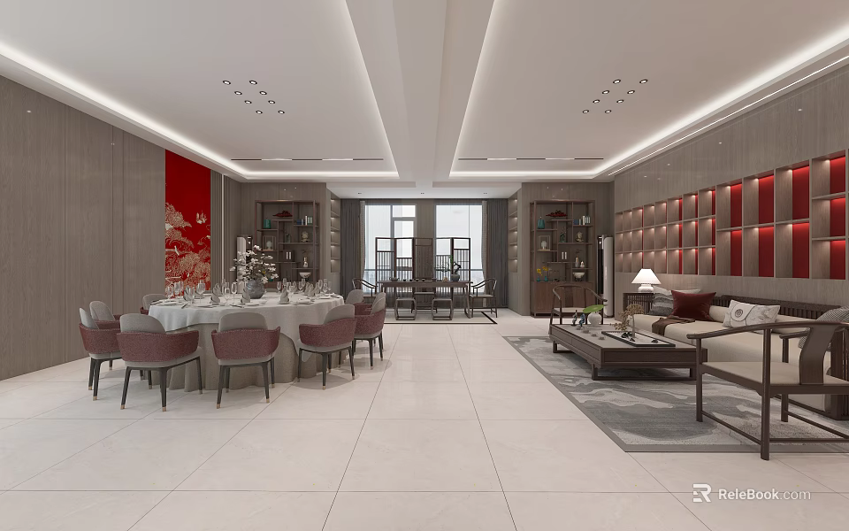 Modern Luxurious Private Dining Room Interior With Round Table Sofa And Red Wall 3d model