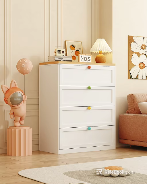 White Chest of Drawers with Colorful Knobs Multiple Drawers Astronaut Figurine and Planet Decor 3d model 