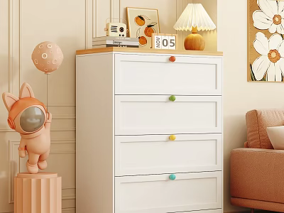White Chest of Drawers with Colorful Knobs Multiple Drawers Astronaut Figurine and Planet Decor 3d model