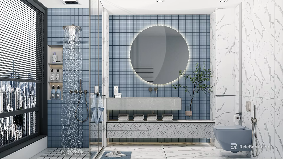 Modern Bathroom Interior With Blue Tiles Round Mirror Marble Vanity Shower And Bathtub 3d model 