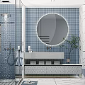 Modern Bathroom Interior With Blue Tiles Round Mirror Marble Vanity Shower And Bathtub