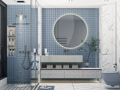 Modern Bathroom Interior With Blue Tiles Round Mirror Marble Vanity Shower And Bathtub 3d model