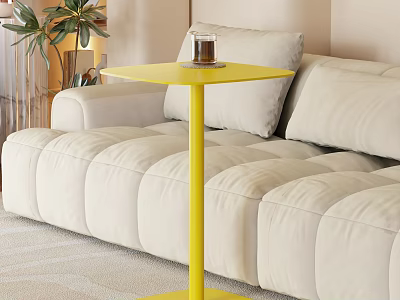 Modern Yellow Tea Table With A Cup Of Tea And Beige Sofa Nearby Green Plants 3d model
