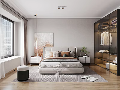 Modern Bedroom Interior With Gray Wall Bed Wardrobe Large Window And Wooden Floor 3d model
