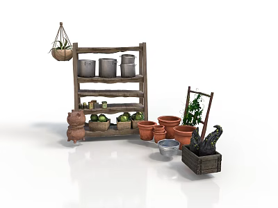 Rustic Wooden Shelf Display With Metal Buckets Clay Pots Green Plants And Garden Cart 3d model
