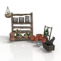 Rustic Wooden Shelf Display With Metal Buckets Clay Pots Green Plants And Garden Cart