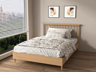 Single Bed with Wooden Headboard Patterned Quilt White Sheets Window Blinds City View Green Trees 3d model