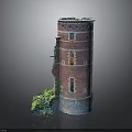 Ruined Red Brick Tower With Partial Wall Collapse And Green Plants At Base