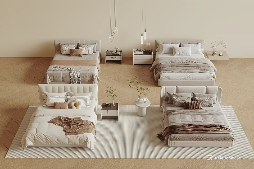Multiple Double Beds With Different Designs Beige Brown Pillows Blankets In Bedroom 3d model