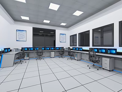 Bright Modern Control Room Interior With Multiple Monitors Workstations And Chairs 3d model