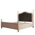 Dark Brown Leather Tufted Double Bed With Carved Headboard And Bedside Table Lamps