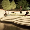 Urban Park with Central Circular Water Feature Lush Trees and Walkways Near High Rises