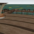 Serene Garden Landscape With Wooden Boardwalk Boats Water Pavilions And Stone Edges