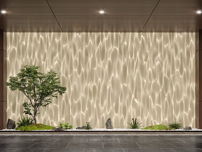 Indoor Decorative Lights Illuminating Wavy Textured Wall With Green Plant And Stones 3d model