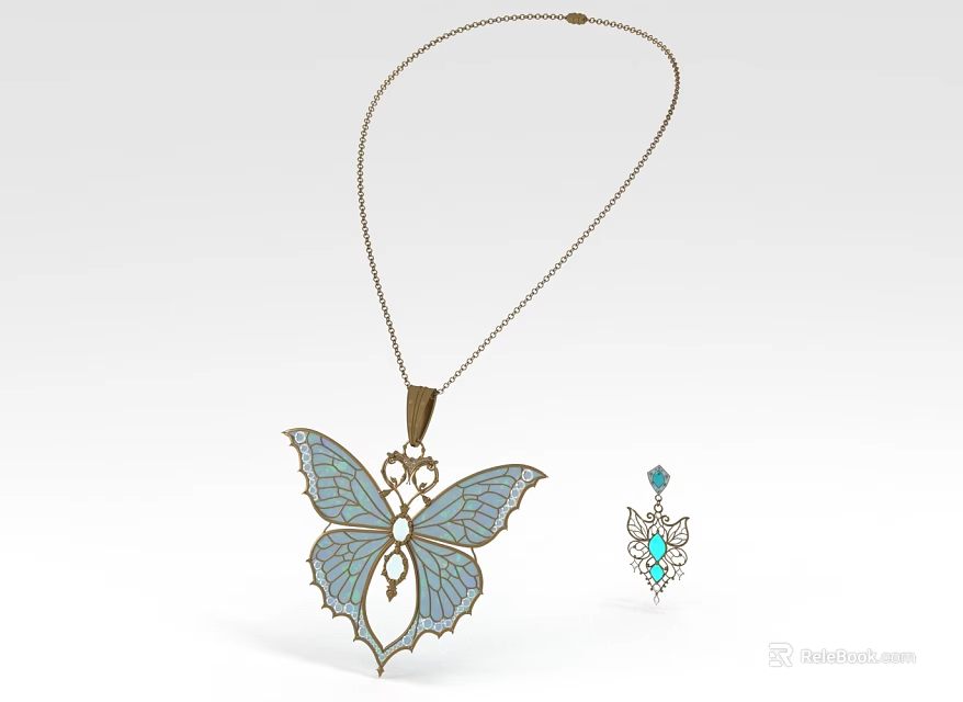 Butterfly Themed Jewelry Set With Blue White Winged Pendant Golden Chain And Small Gemstone Accessory 3d model 