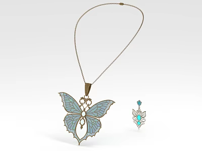 Butterfly Themed Jewelry Set With Blue White Winged Pendant Golden Chain And Small Gemstone Accessory 3d model