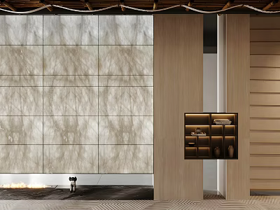 Elegant Wooden Partition Design In Modern Interior With Marble Wall And Lighting 3d model