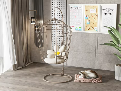 Birdcage Shaped Play Equipment Swing Chair With Flower Cushion And Green Plant In Room 3d model