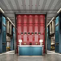 Modern Front Desk Reception Area With Red Panel Wall Blue Counter And Ceiling Lights 3d model