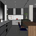 Modern Kitchen Interior With Dark Gray Cabinets Wooden Island Checkered Floor Blinds And Chairs