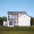 Modern Traditional Building Exterior Wall Featuring White Surface Gray Roof Windows Wooden Accents And Green Lawn Trees