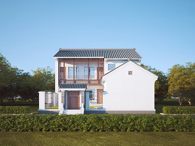 Modern Traditional Building Exterior Wall Featuring White Surface Gray Roof Windows Wooden Accents And Green Lawn Trees 3d model